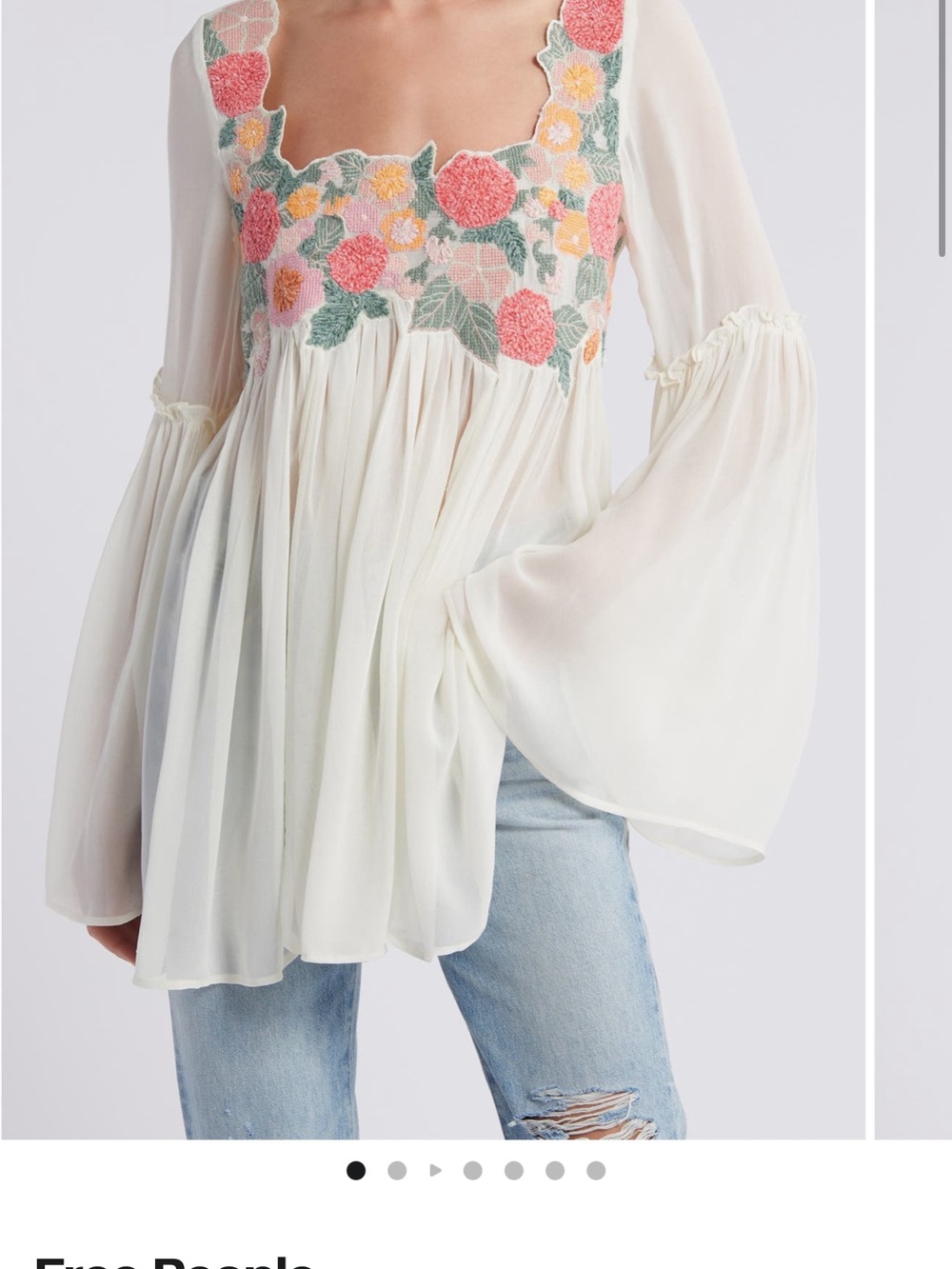 Free People Ivory Chiffon Tunic with Pink & Yellow Floral Embroidery